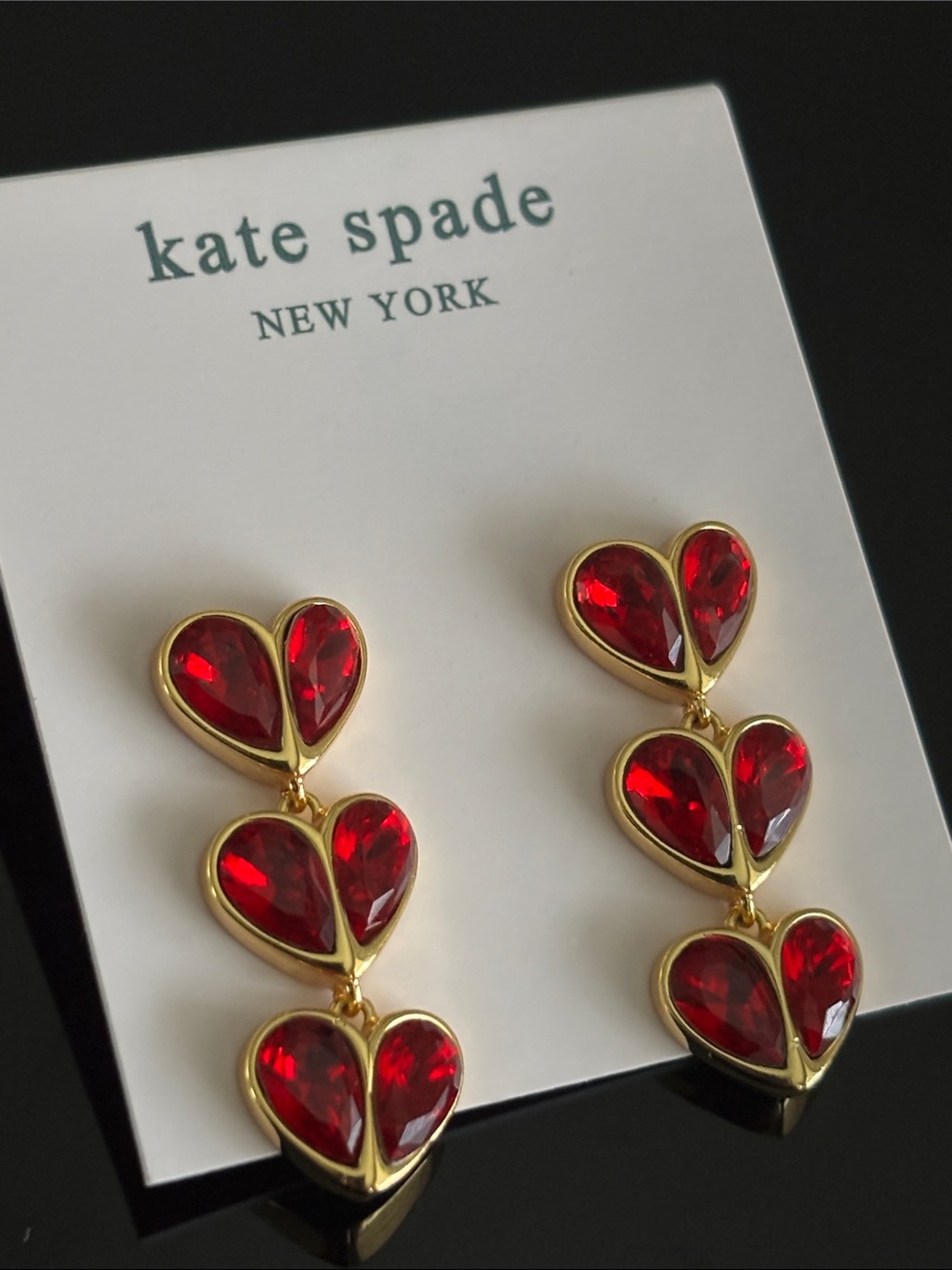 ♠️ kate spade gold-tone Triple Red Heart Drop Earrings ♠️